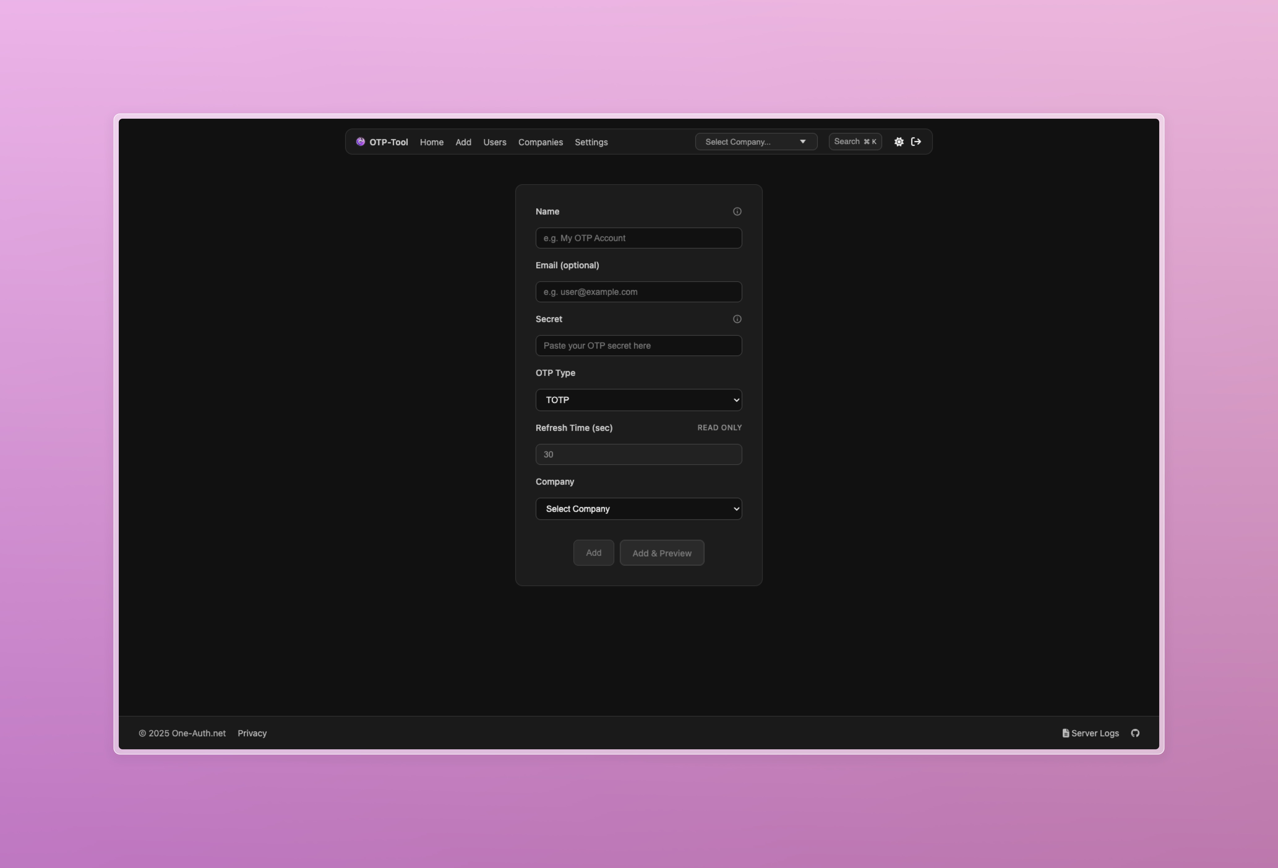 OTP-Tool Add Page in Dark Mode
