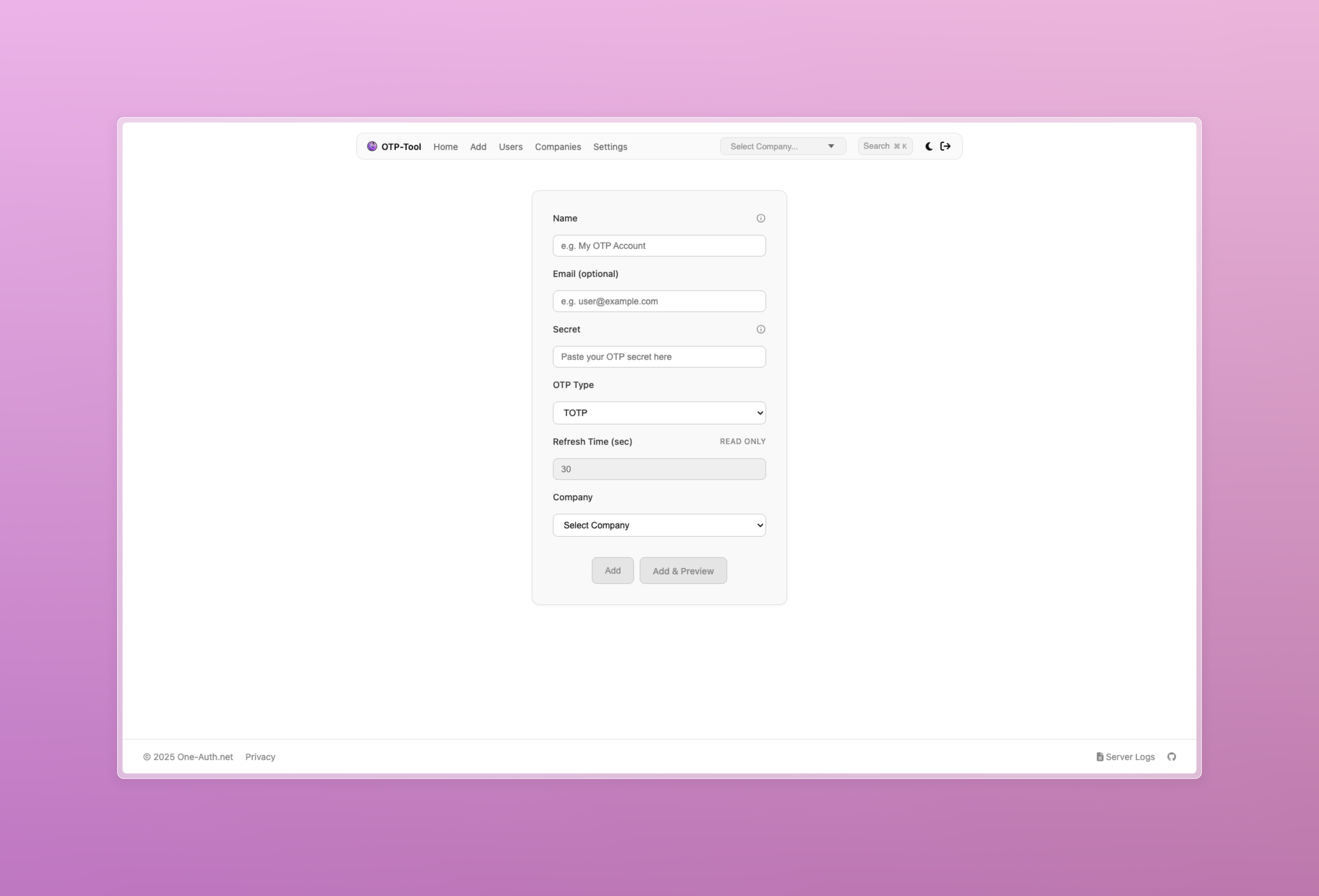 OTP-Tool Add Page