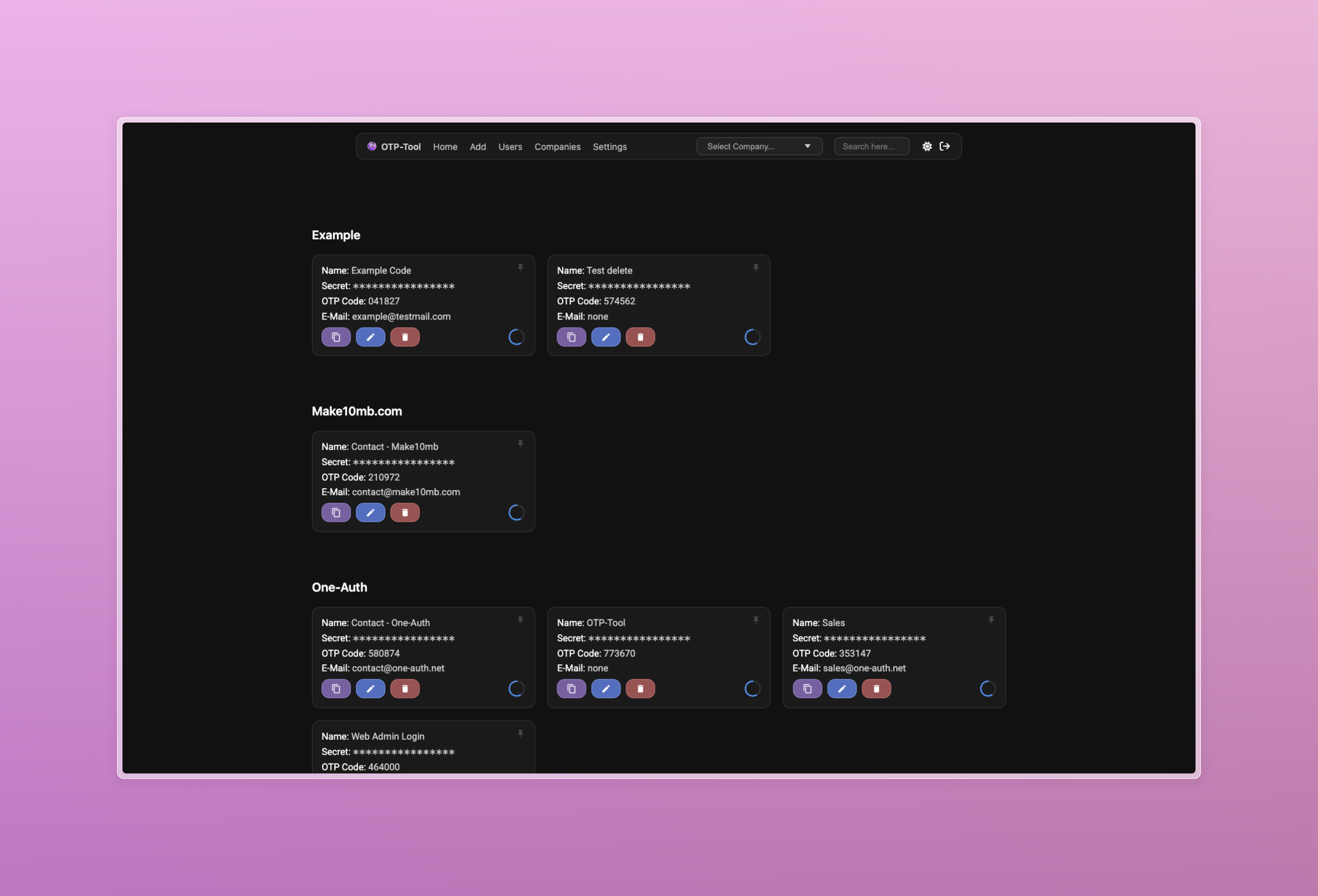 OTP-Tool Dashboard in Dark Mode
